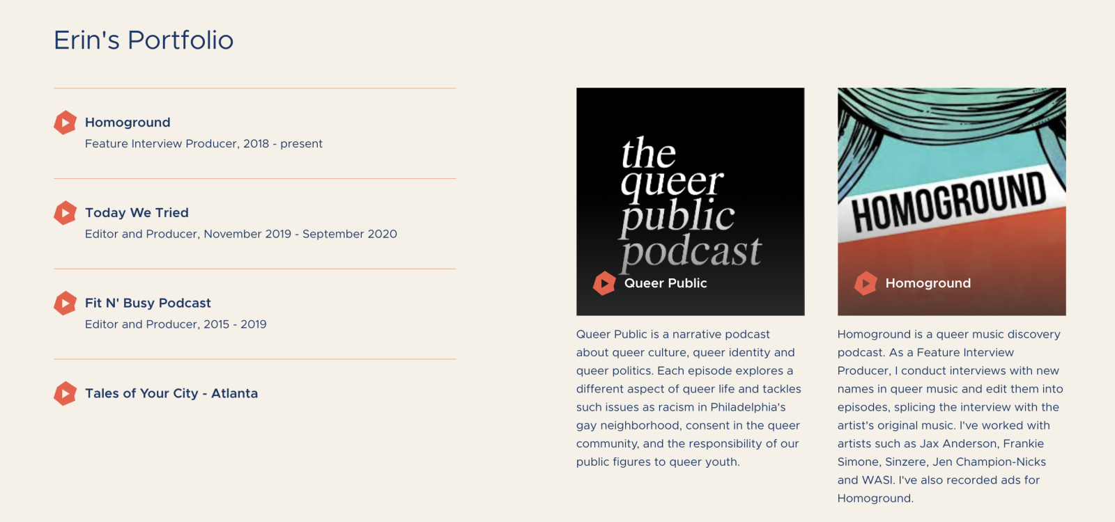 Screenshot that shows Erin's Portfolio links in a column on the left side and links to shows with images on the right