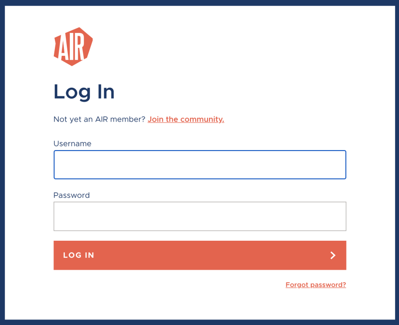Log in form with Username and Password fields